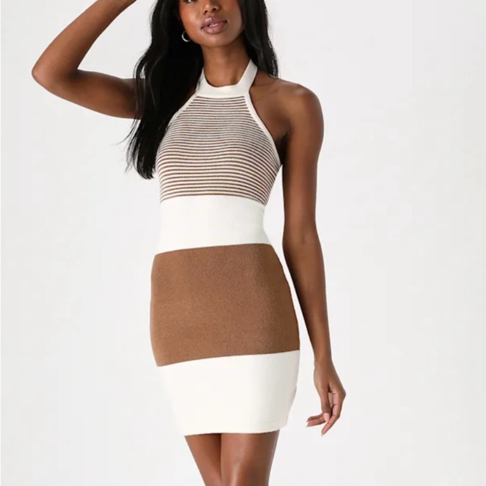 Lulu's Cream and Brown Halter Midi Dress